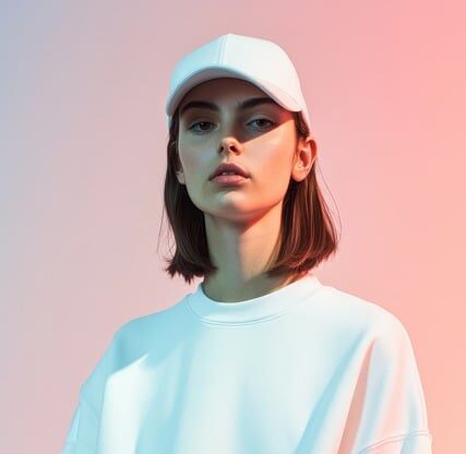 A person (female) wearing a white cap and a loose-fitting white sweatshirt stands against a gradient background of pink and purple hues, with soft lighting creating a calm and stylish atmosphere.